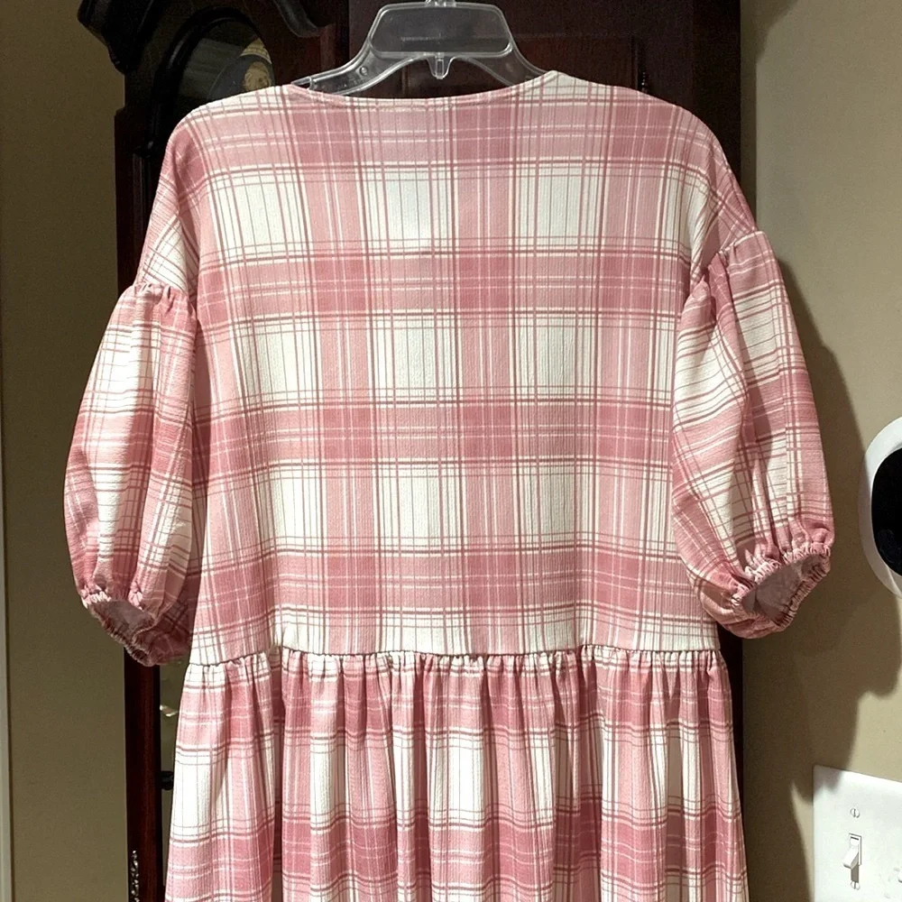 ASOS DESIGN Pink  Plaid Curve Puff Sleeve Tie Front Maxi Dress Size 14 - Picture 8 of 11